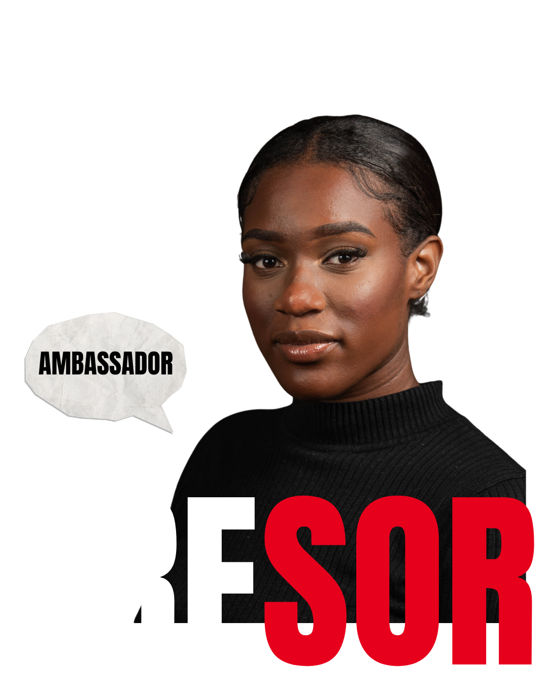 Portrait of a confident Black woman with slicked-back hair wearing a black ribbed turtleneck, with 'AMBASSADOR' in a speech bubble and bold text 'TRESOR' below her.