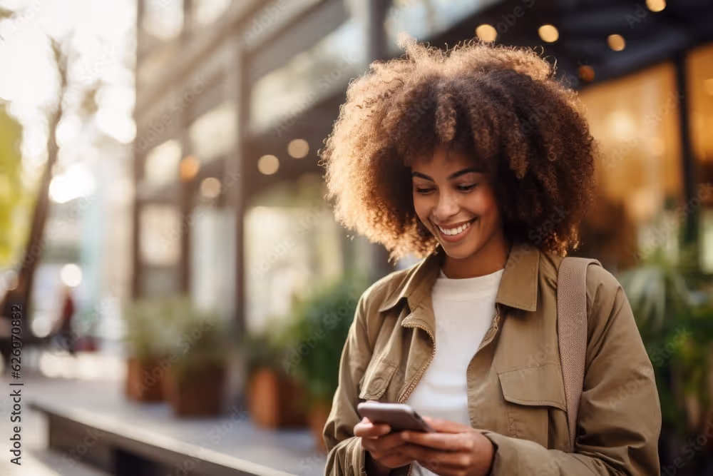 A woman with a brown jacket and curly hair is holding a cell phone.