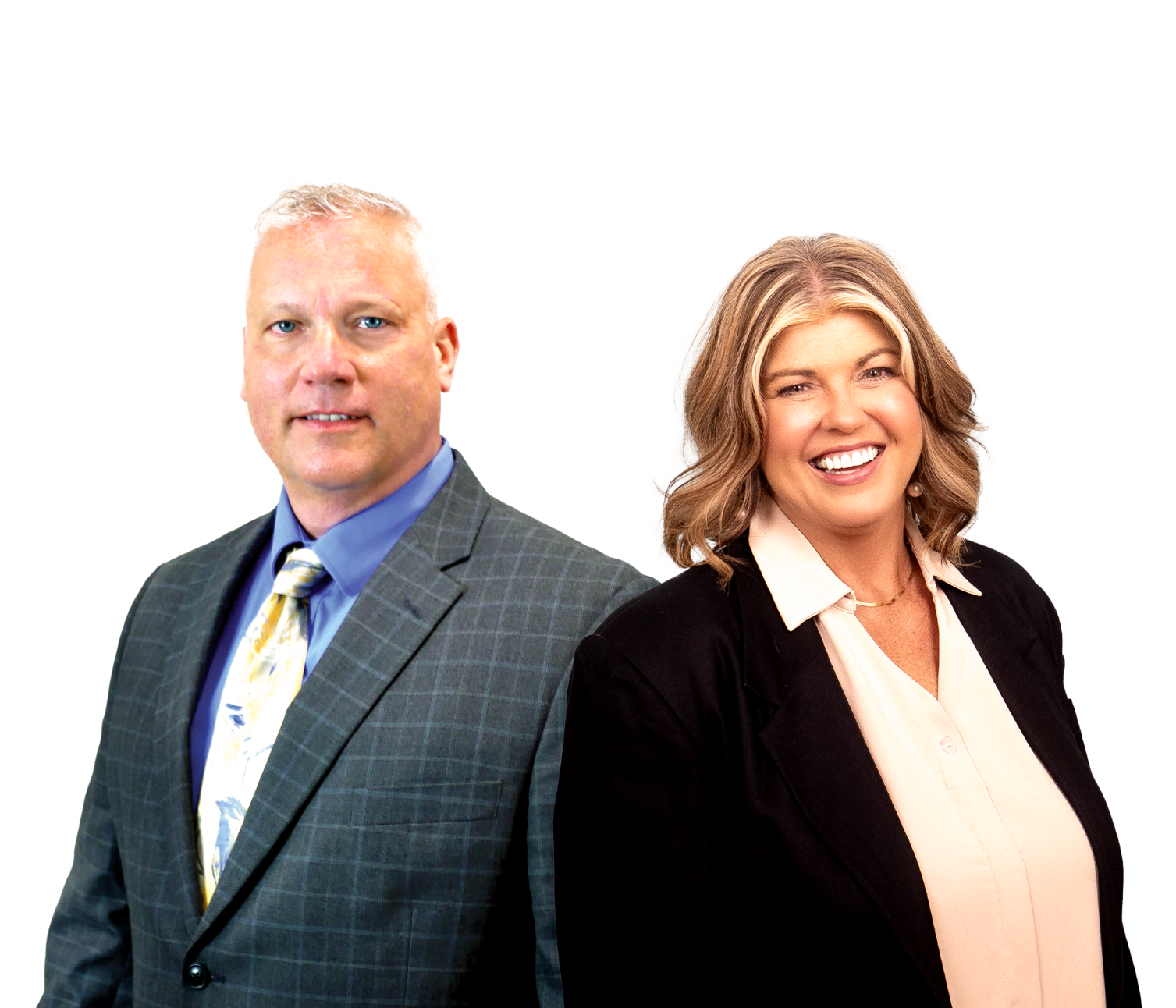 A man amd a woman wearing business attire.