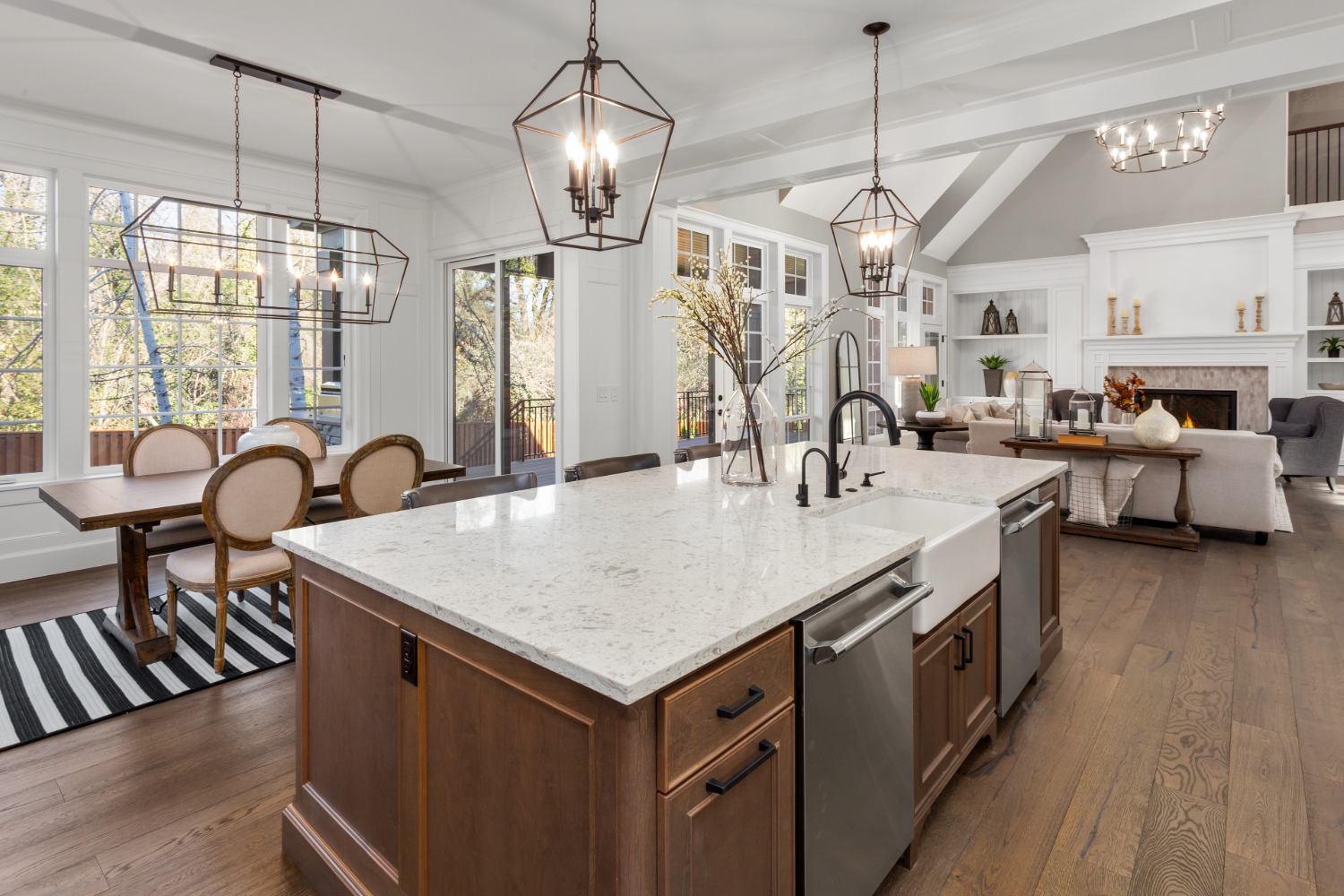 Open kitchen with light granite island.