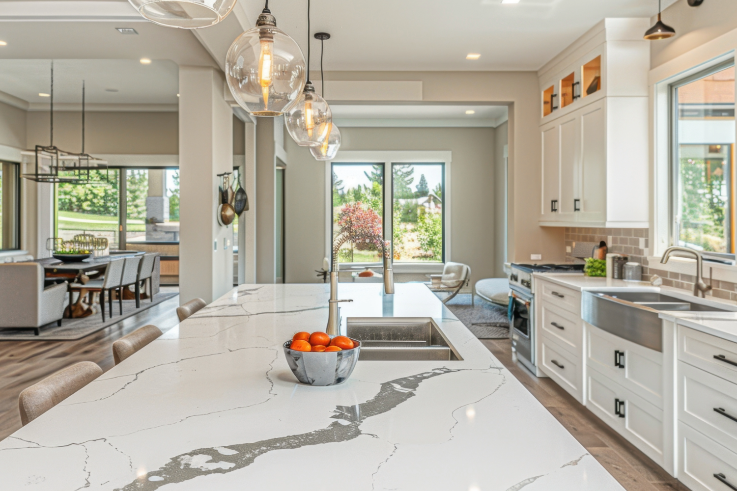 Modern kitchen with white quartz island.