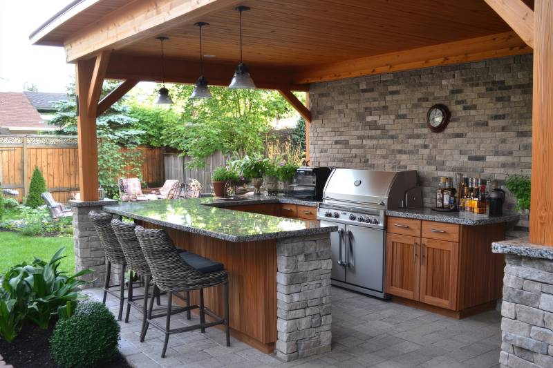 Outdoor kitchen with granite countertops and bar stools.