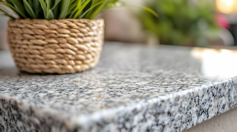 Close-up of granite countertop with plant decoration.
