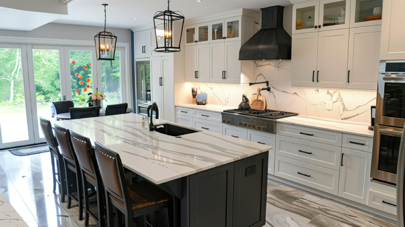 Modern kitchen with waterfall quartz island.