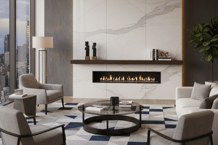 Modern fireplace with white or veined quartz surround, elegant living room setting.