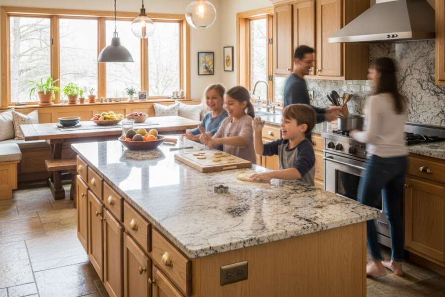 Wide family kitchen with granite countertop, warm and active home environment.