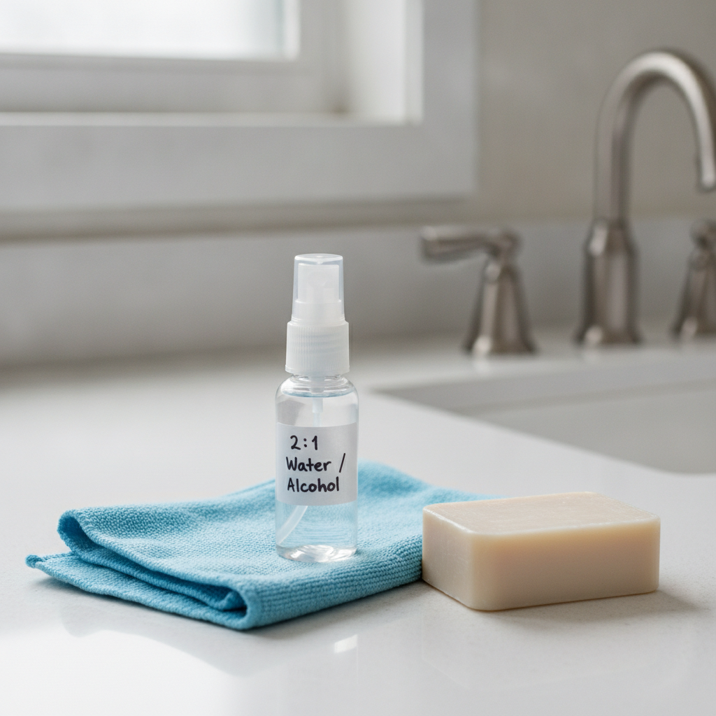 A small spray bottle, microfiber cloth, and bar of soap on a quartz bathroom counter with soft natural light.