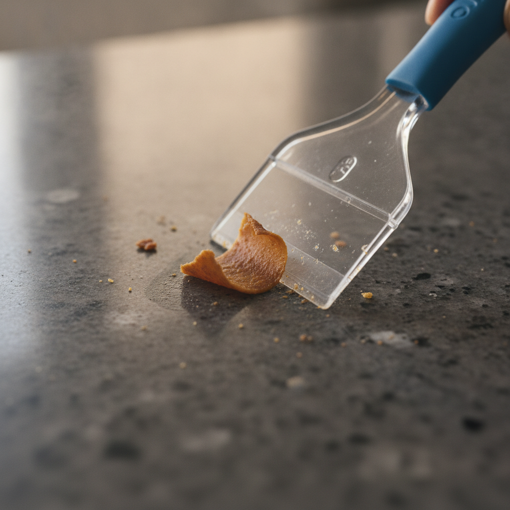 A plastic scraper gently lifts dried food residue from a dark grey quartz countertop, captured from a low angle.