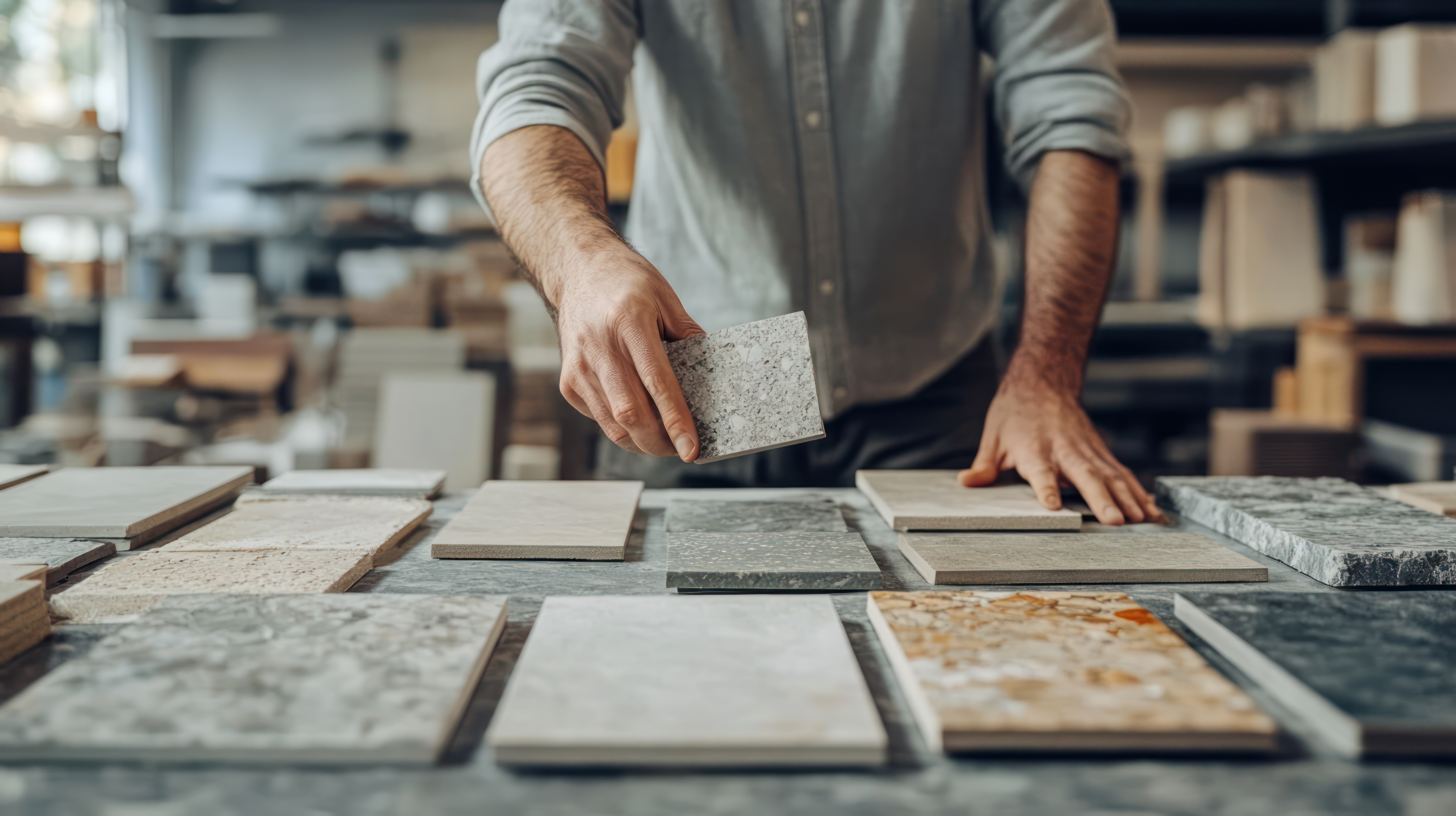 A person selecting a tile sample from a display of various tiles on a table in a store environment.