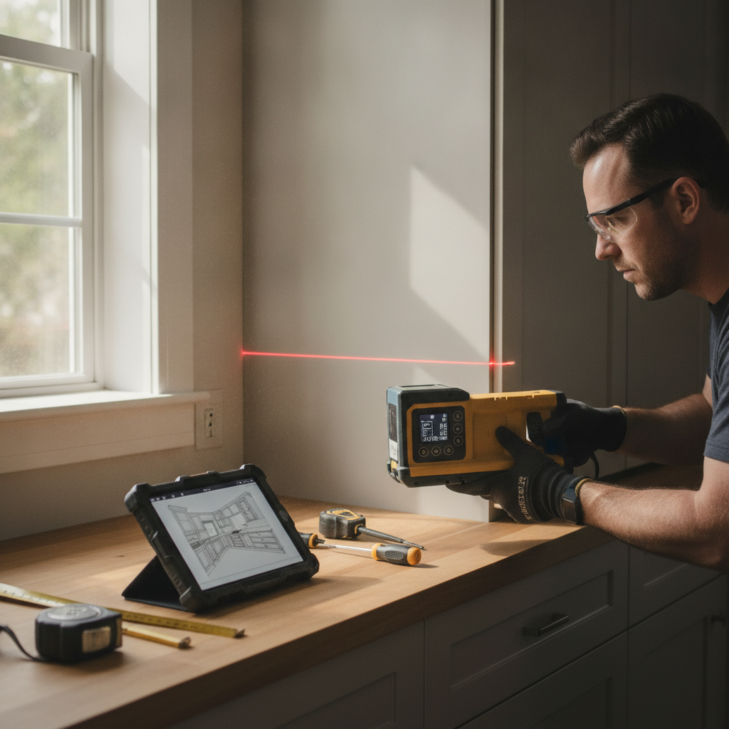 A fabrication technician operates a laser digital templating device in a kitchen, capturing cabinet edge positions.