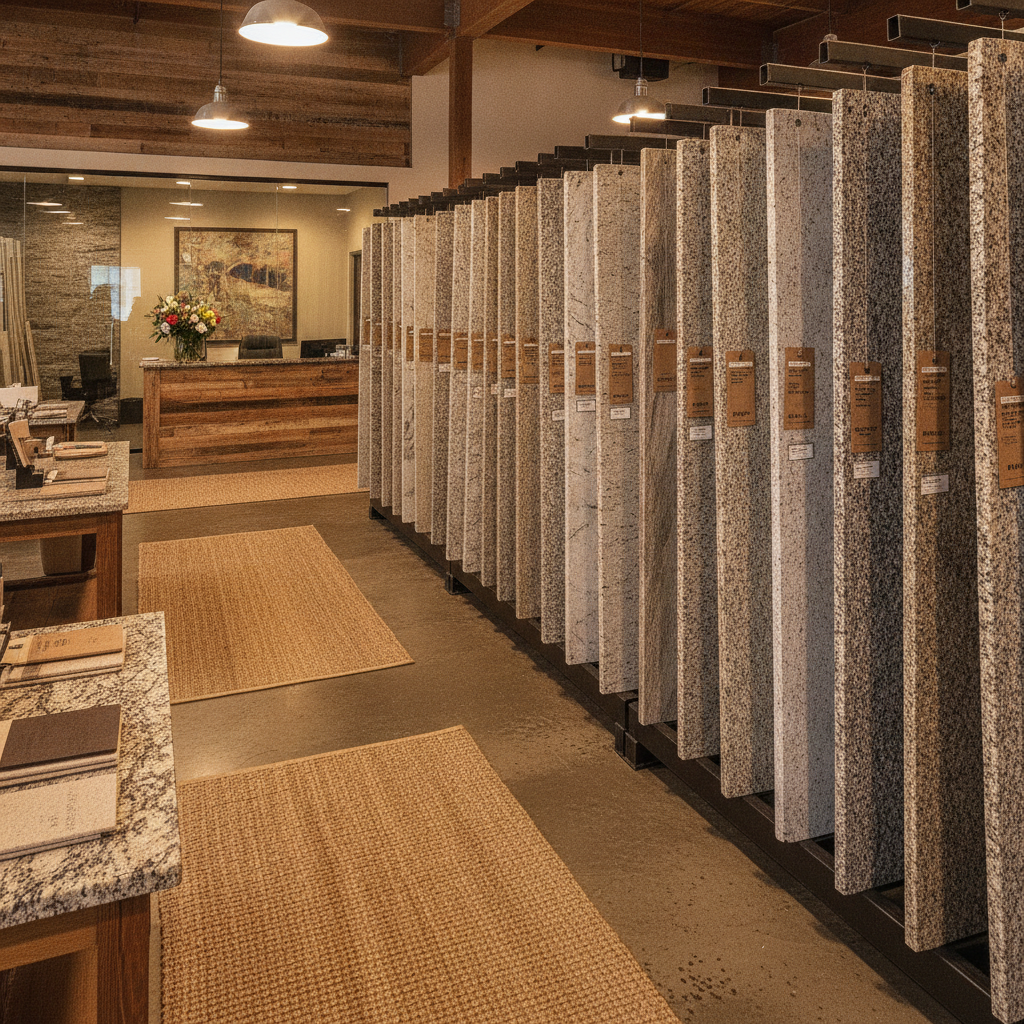 A wide shot of a granite fabrication showroom in Central Texas with rows of labeled granite, quartzite, and marble slabs.