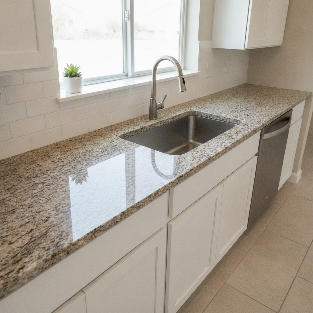 A modern Central Texas kitchen featuring a granite countertop with an undermount sink and eased edge profile.