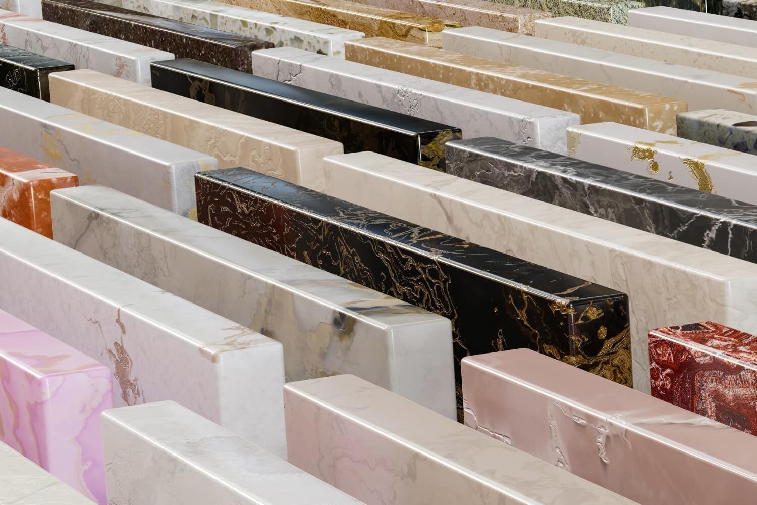 Various polished granite and quartz countertop slabs showcasing diverse patterns & colors