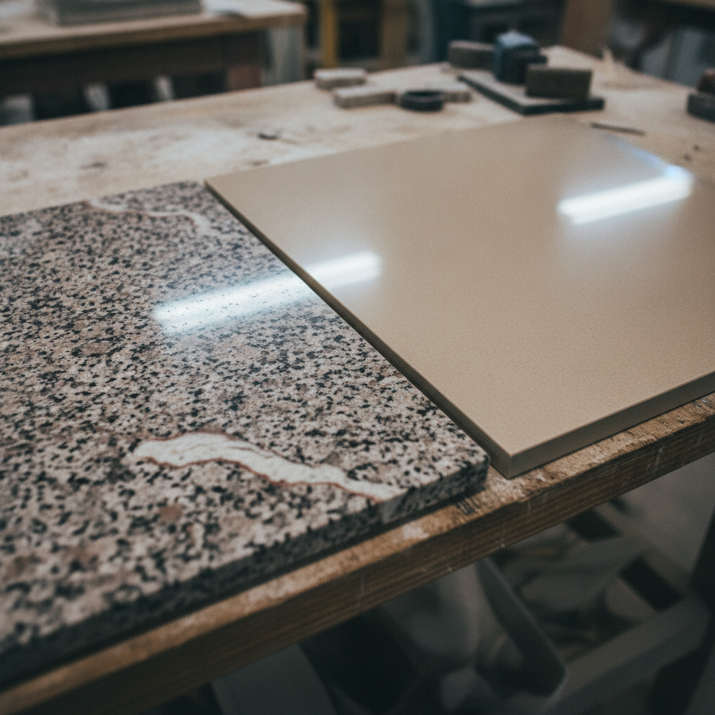 Granite vs. Quartz Countertops: polished granite and light beige quartz samples on a workbench