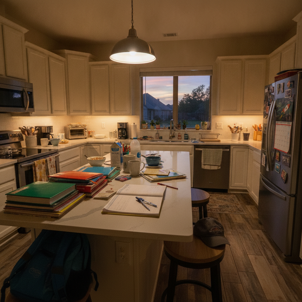 Kitchen island with school books, backpack on light granite or quartz countertops, white cabinets, sunset view