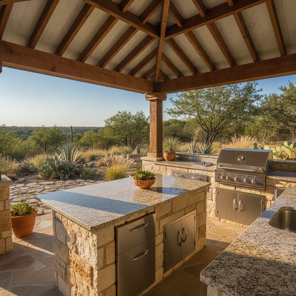 Outdoor kitchen features speckled granite countertops, a stainless steel grill, and wood pergola overlooking a Texas vista