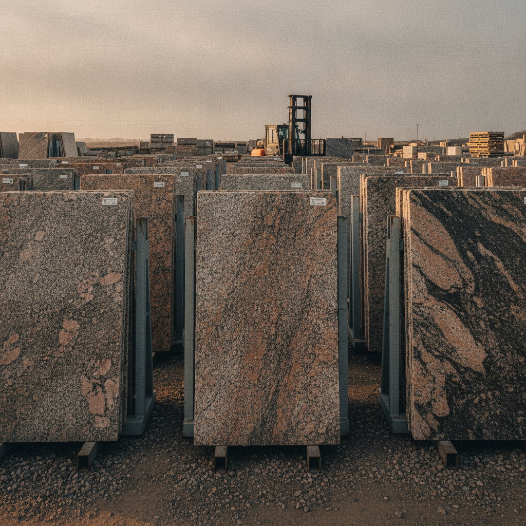A wide-angle, photorealistic documentary-style image of an outdoor Texas granite slab yard on an overcast morning.