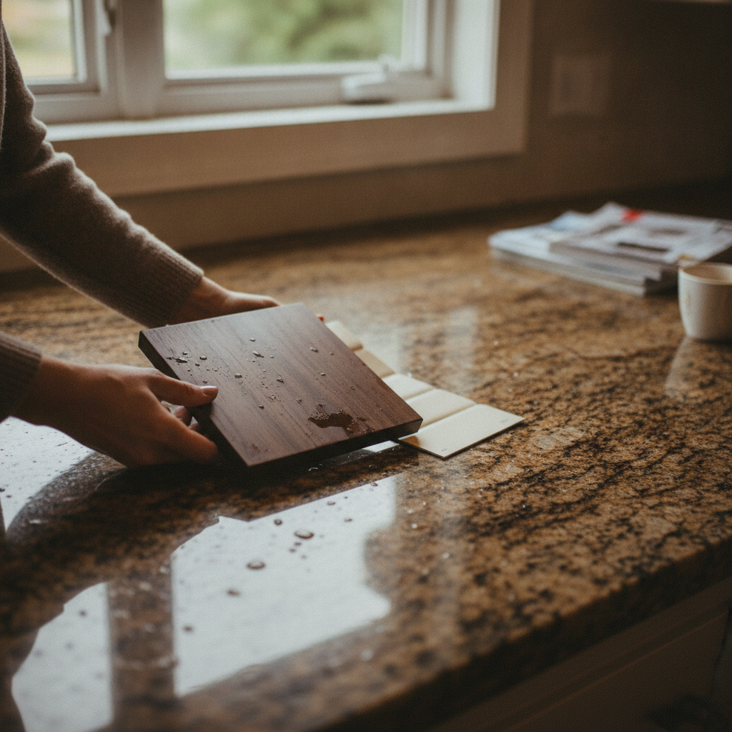 A woman's hands hold a dark walnut cabinet sample against a wet granite countertop with brown and gold veining.