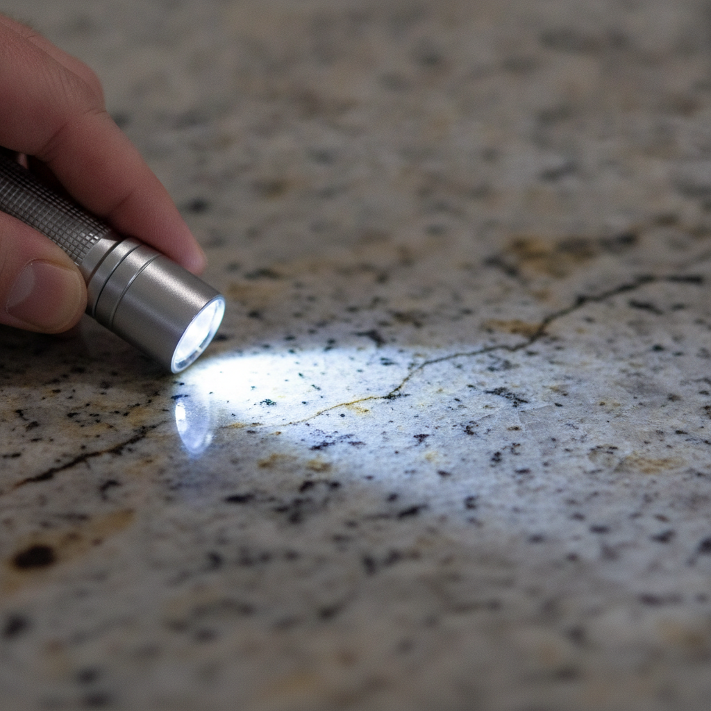 A homeowner's hand holds a small LED flashlight at a low angle across a polished gray and gold granite slab.