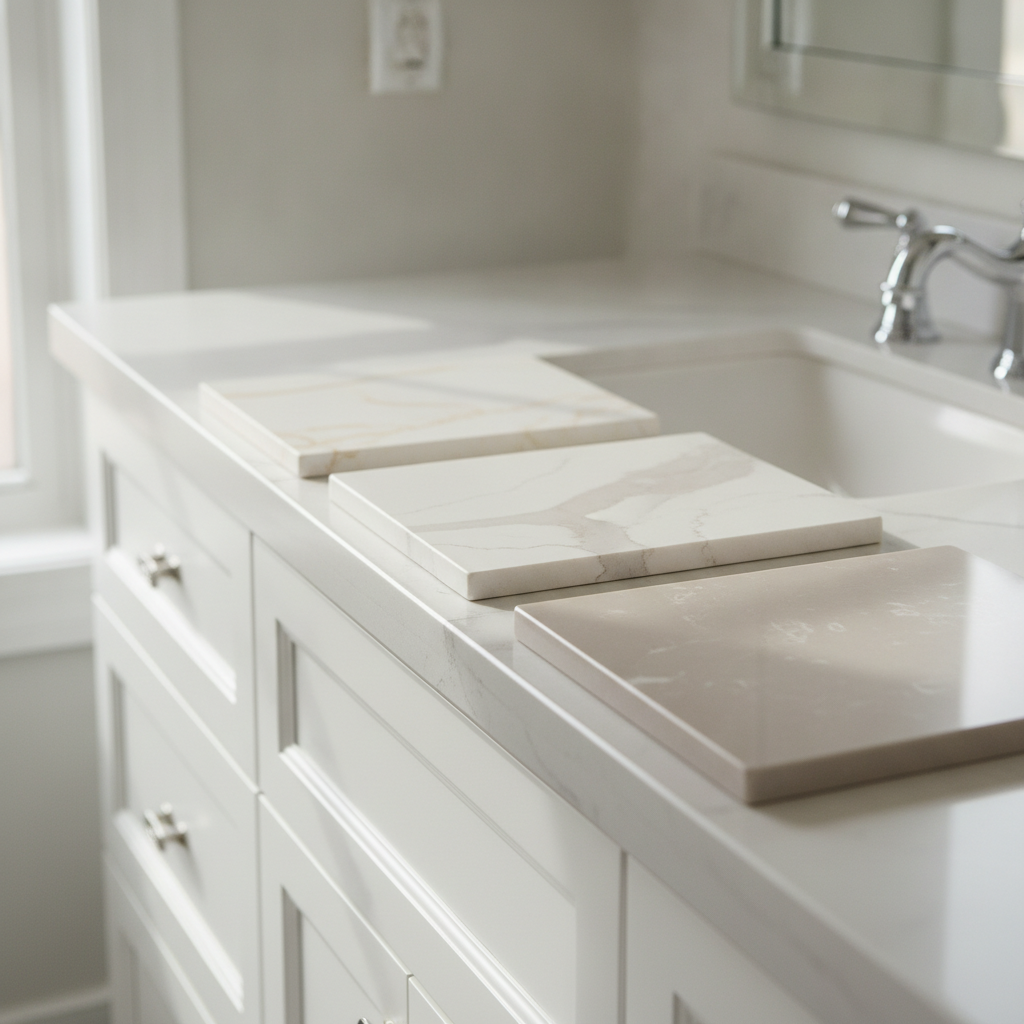 Three quartz countertop samples in warm white, creamy beige, and soft taupe on a bathroom vanity.