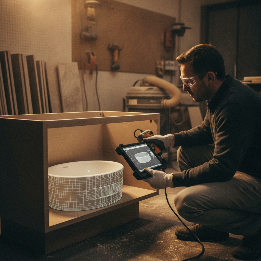 A fabricator uses a digital templating tool to measure a bathroom vanity cabinet opening with an undermount sink mockup.