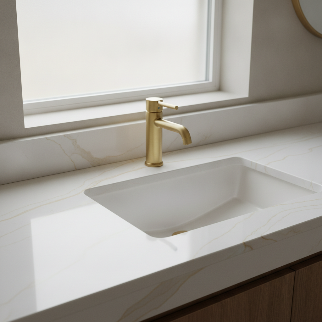 Photorealistic image of a clean, modern bathroom vanity with a warm white veined quartz countertop, undermount sink, and brushed gold faucet, illuminated by soft natural light from a frosted window.