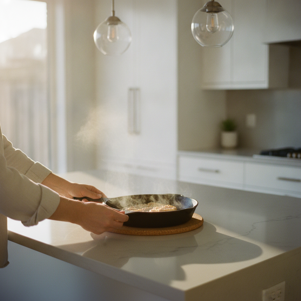 Homeowner placing a cast-iron skillet on a trivet on a quartz countertop in a modern kitchen with warm lighting.