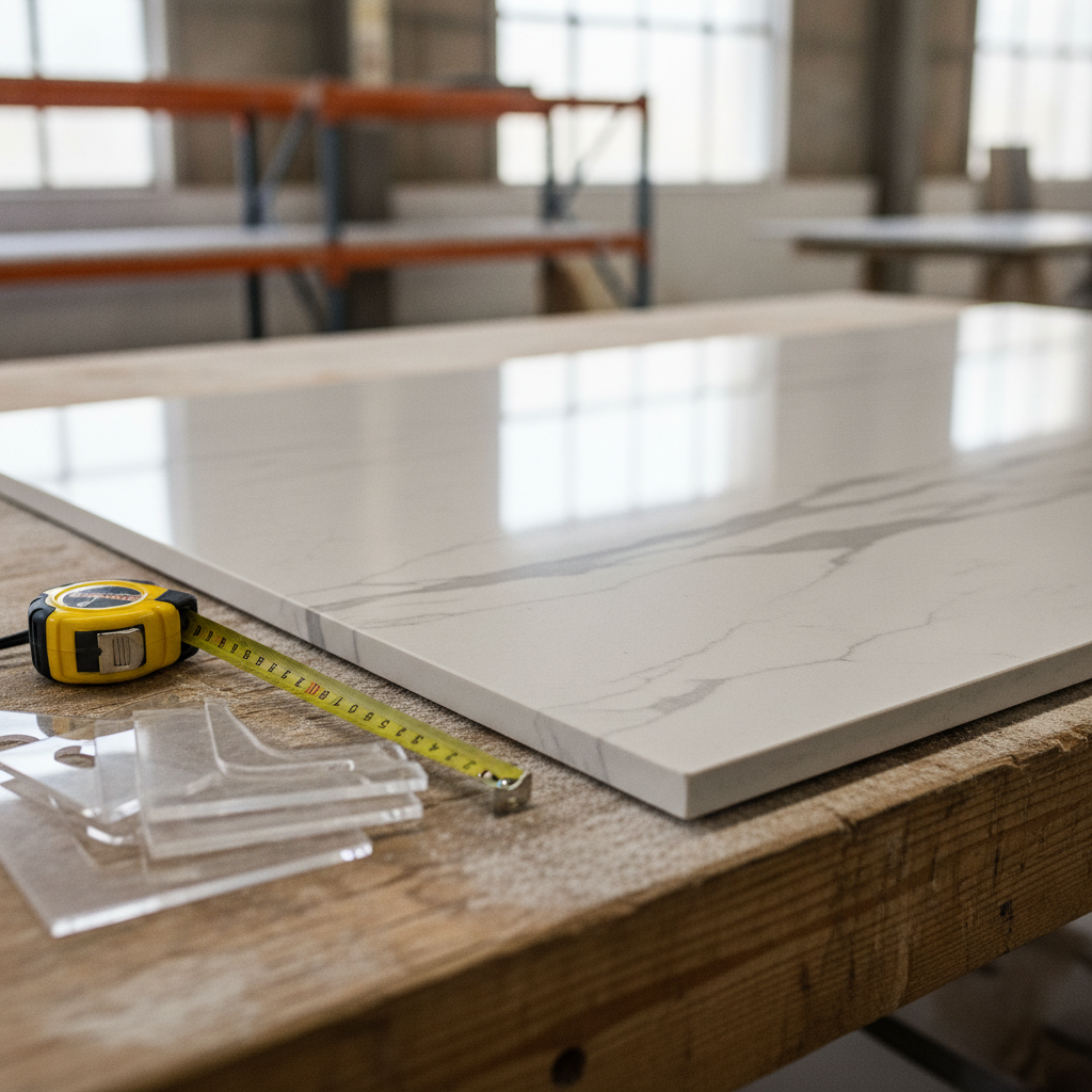 Polished white and gray quartz countertop slab with subtle veining, on a workbench with a tape measure and edge-profile templates.