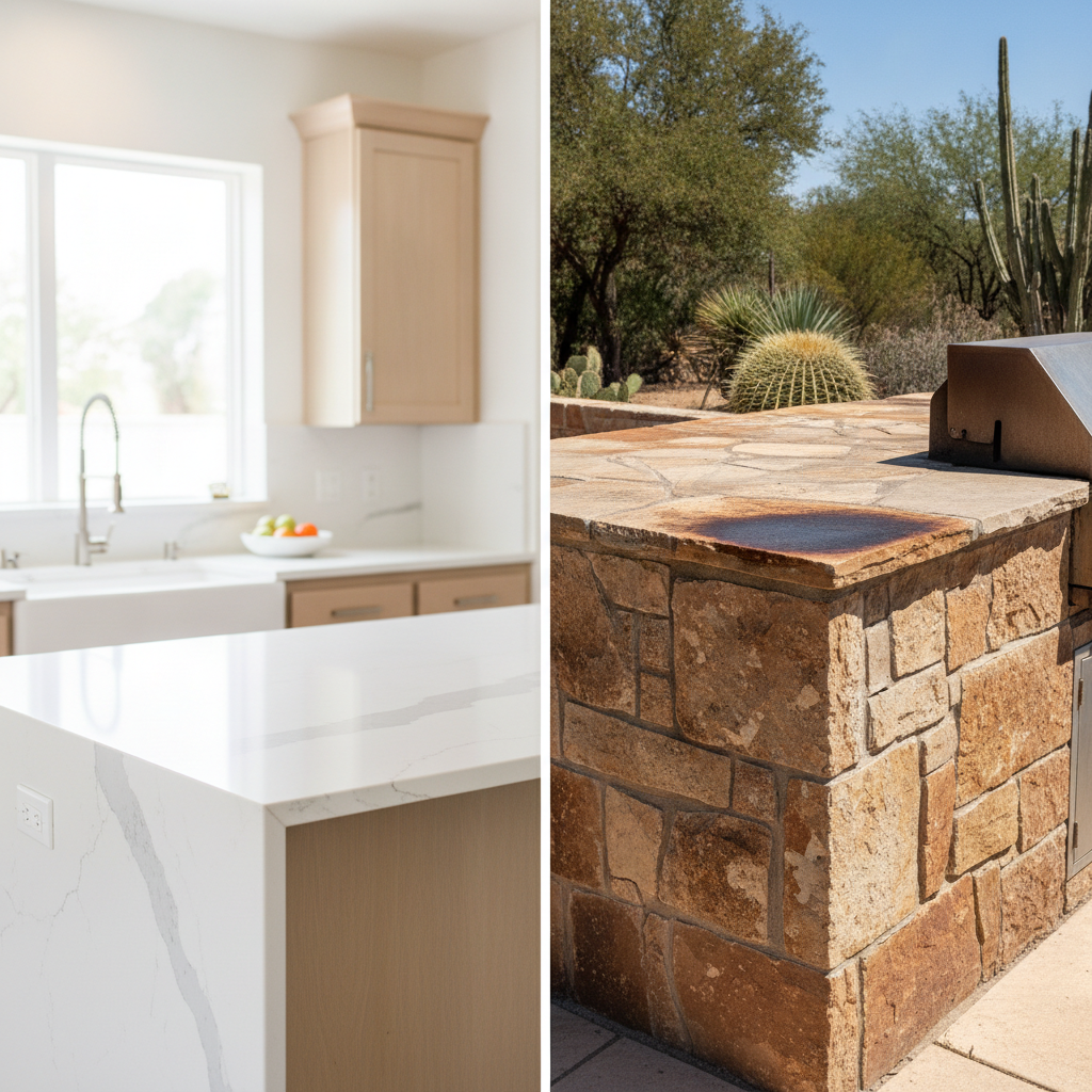 Split-scene image showing a bright indoor kitchen with quartz countertops on the left, and a sunlit outdoor stone kitchen with a discolored counter on the right.