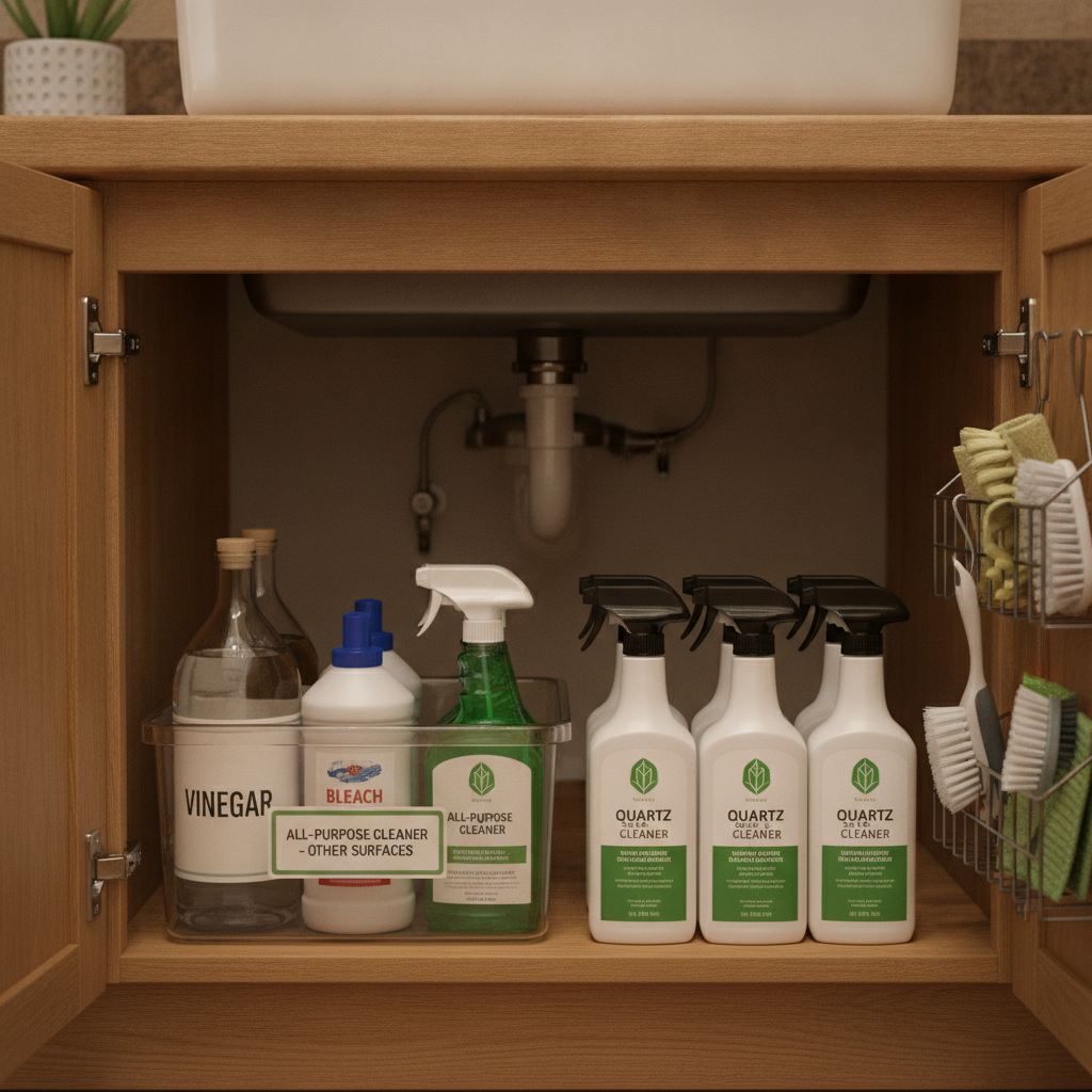An open kitchen sink cabinet with labeled cleaning products, including quartz-safe cleaners, organized in bins.