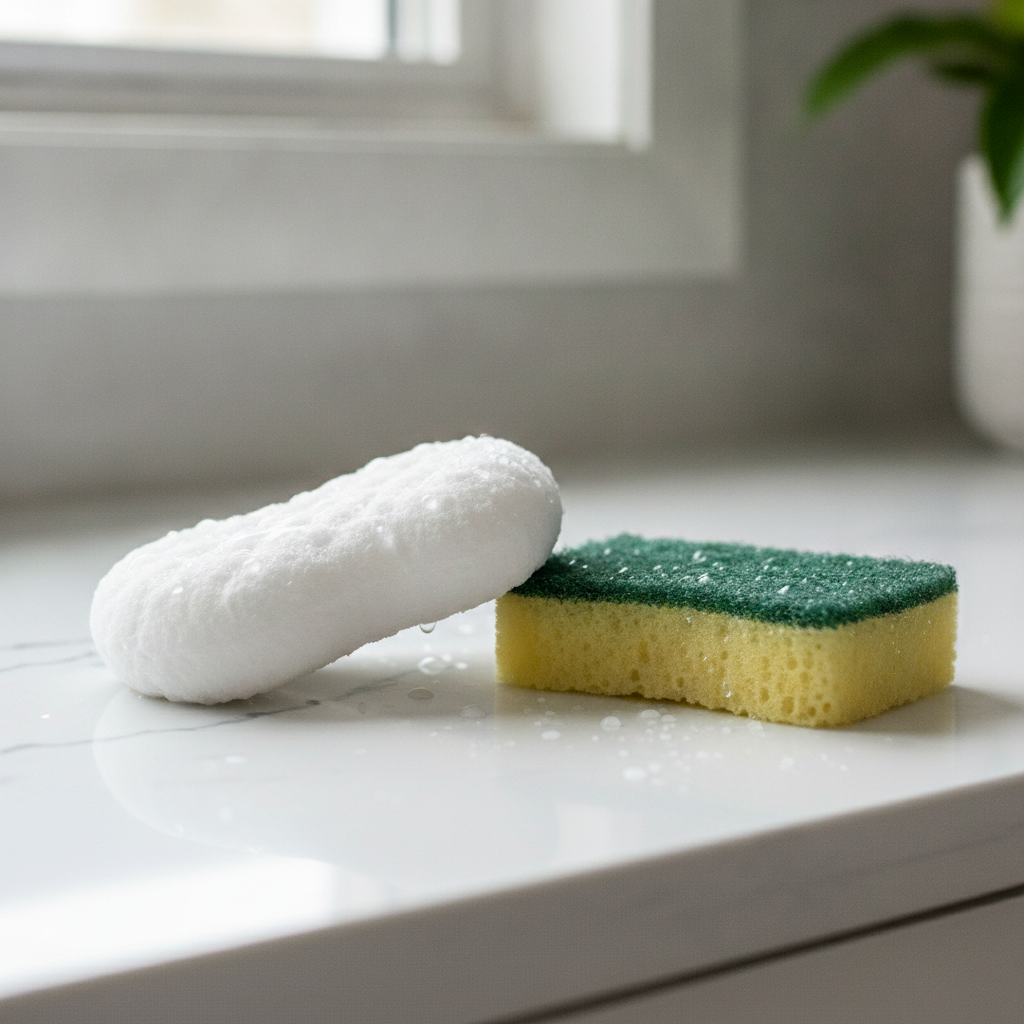 Close-up of two sponges side by side on a white quartz countertop, shot with shallow depth of field under bright natural window light