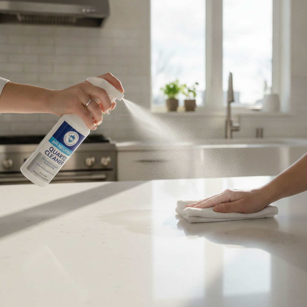 A hand spraying pH-neutral quartz cleaner onto a light gray quartz countertop, while another hand with a microfiber cloth wipes it.