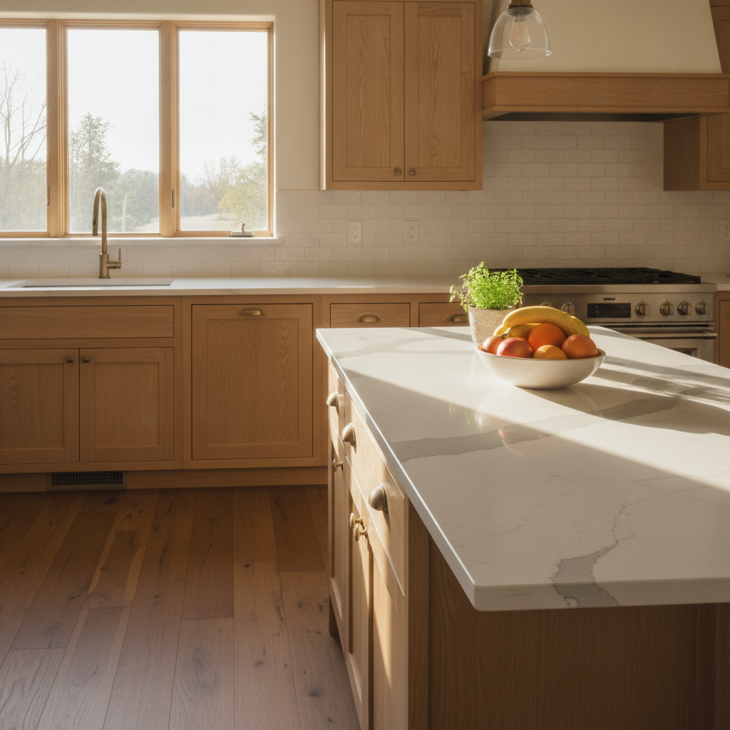 A bright, warm kitchen featuring new quartz countertops, wooden cabinetry, and sunlight streaming through a large window.