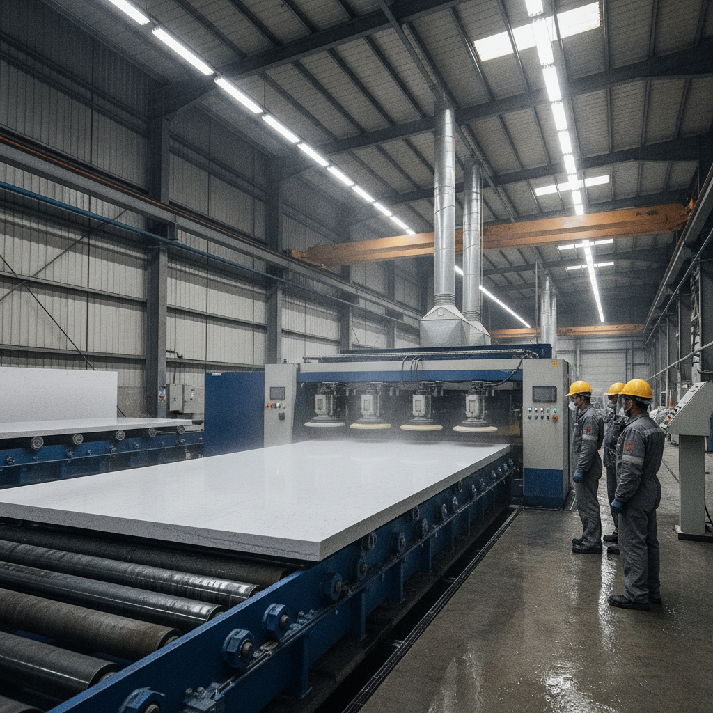 Interior of an industrial quartz manufacturing facility with workers observing a large slab on a polishing conveyor.
