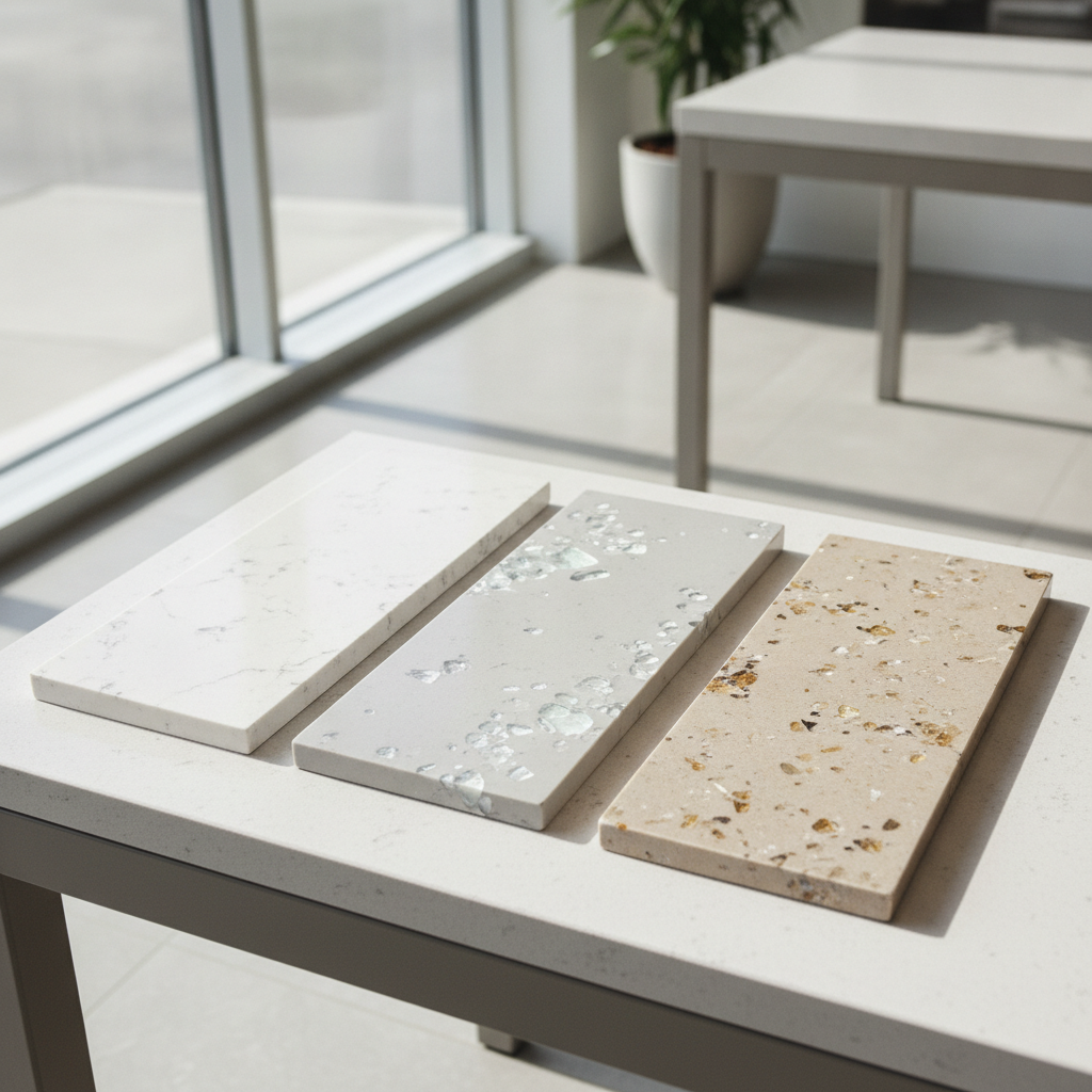 Three quartz countertop samples, one white, one gray with glass flecks, and one beige with mineral patterns