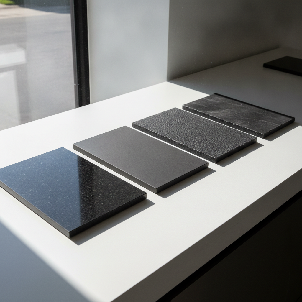 Four black granite slab samples (polished, honed, leathered, brushed) laid on a white surface in a showroom with natural light.