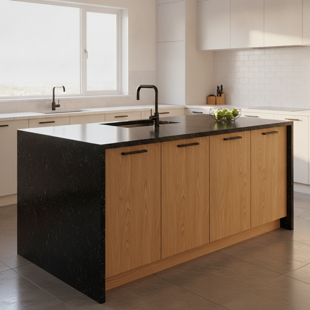 A modern kitchen with a black granite island, oak cabinets, matte black hardware, and white perimeter countertops.