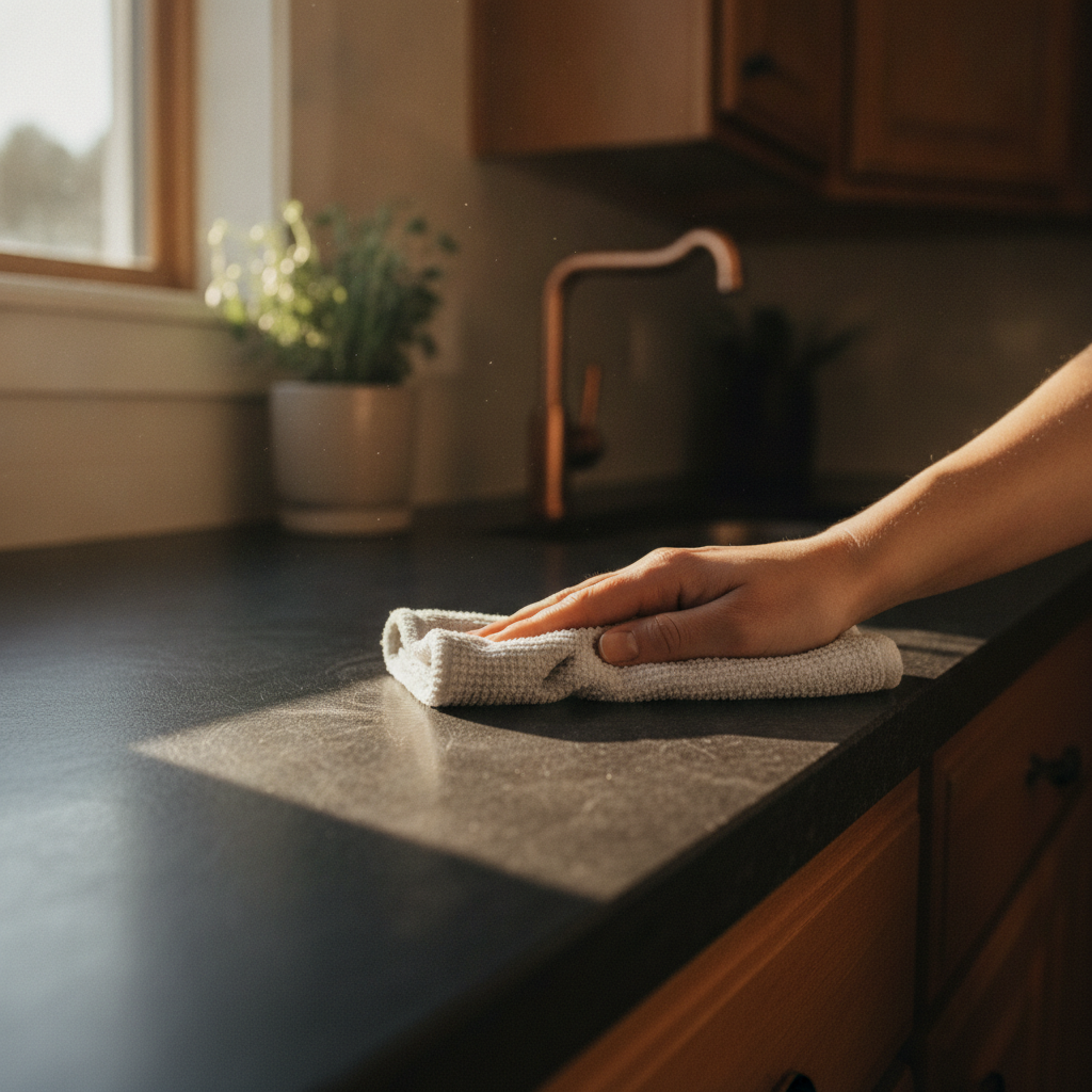 A person wiping a dark leathered granite countertop with a dry microfiber cloth in a warm, late-afternoon kitchen.