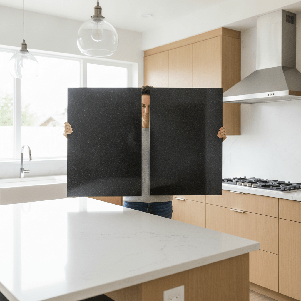 A homeowner holds two granite samples in a modern kitchen, surrounded by icons for design, measurement, and cost.