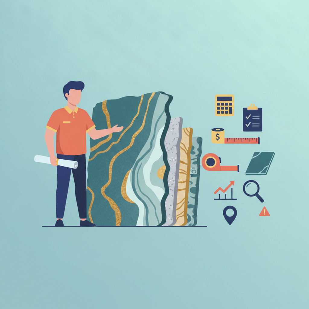A homeowner reviews granite slabs at a showroom, with icons for dollar signs, measuring tapes, stone slabs, magnifying glasses, checklists, location pins, and calculators nearby.