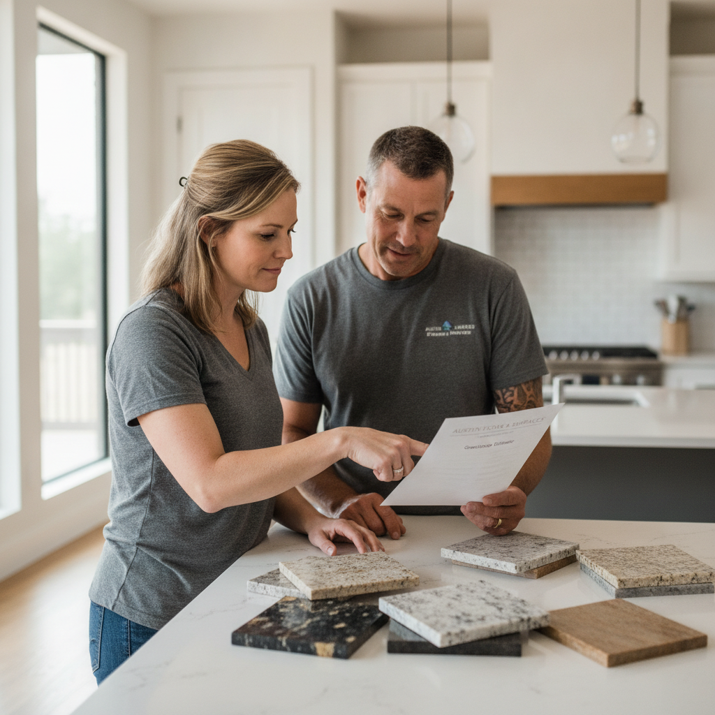 A homeowner and a countertop installer review a paper quote with granite samples on a modern kitchen counter.