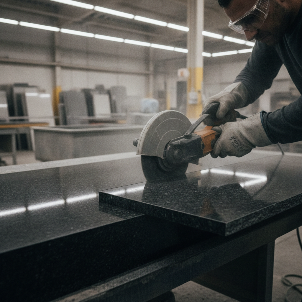 A fabricator uses a precision diamond-blade tool to cut a granite slab in an industrial stone shop.