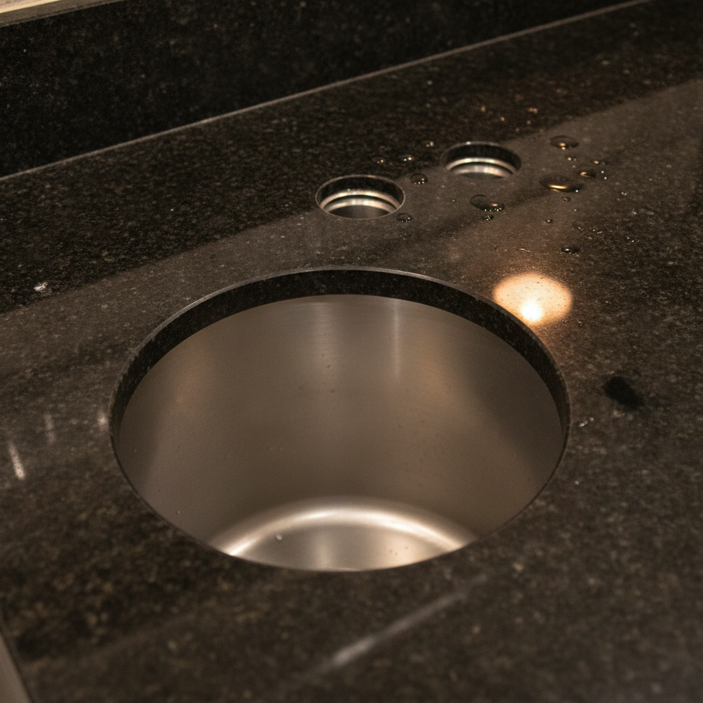 Detailed view of a finished undermount sink cutout in a dark granite kitchen countertop with faucet holes and warm lighting.