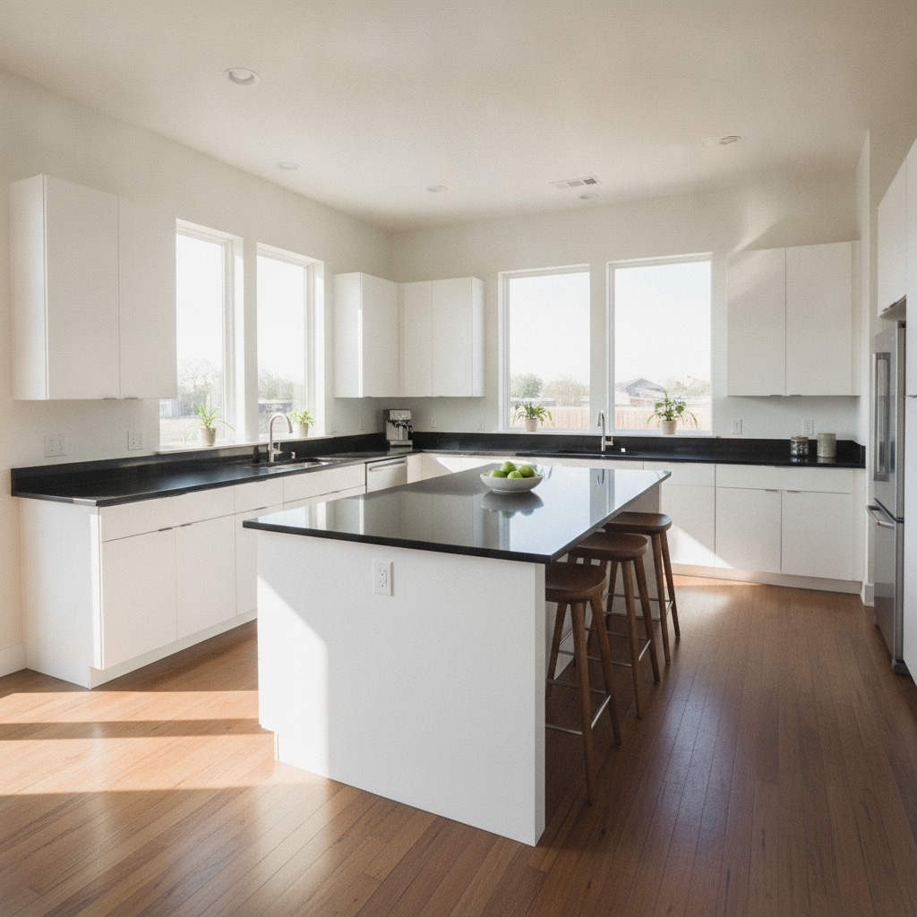 A bright, south-facing Texas kitchen with white flat-panel cabinets, black quartz countertop, and warm wood floors.