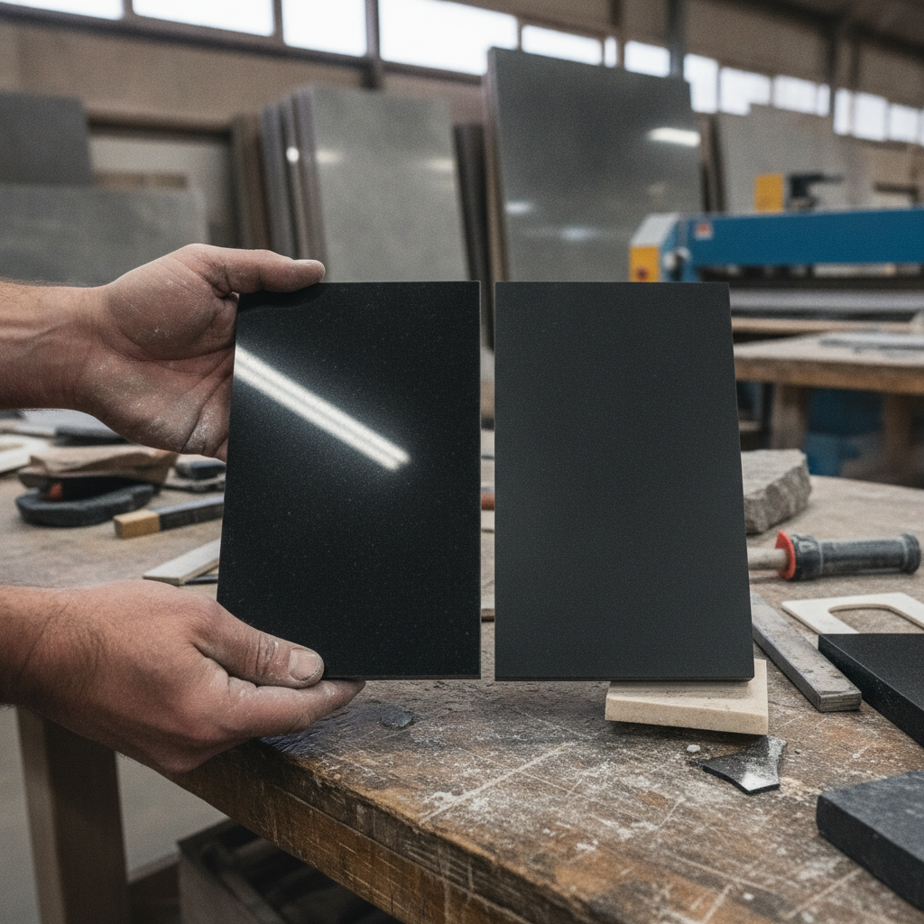 A fabricator holds two black quartz slab samples, one polished and one honed, in a stone fabrication workshop.