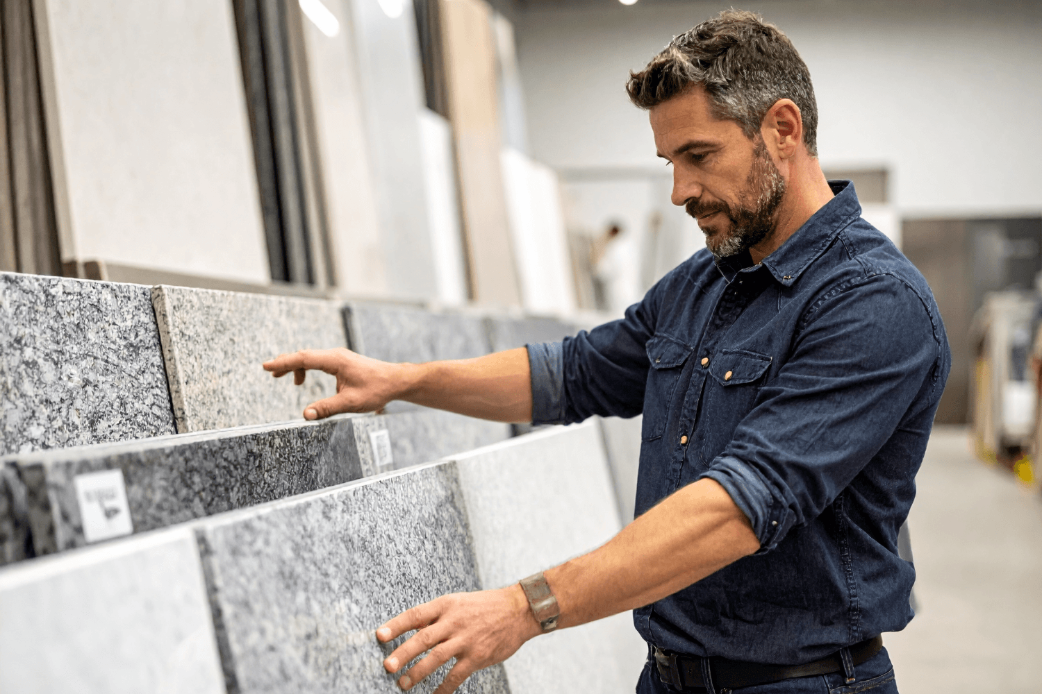 A homeowner at a stone showroom reviewing granite slabs