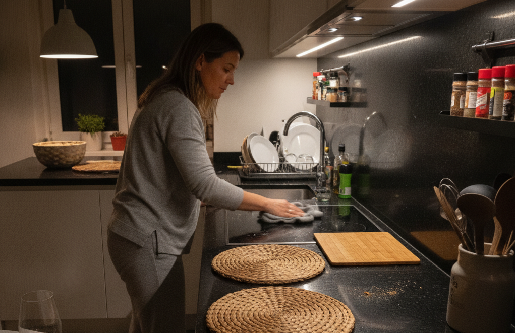 A homeowner wiping down a black quartz kitchen countertop with a microfiber cloth after cooking.