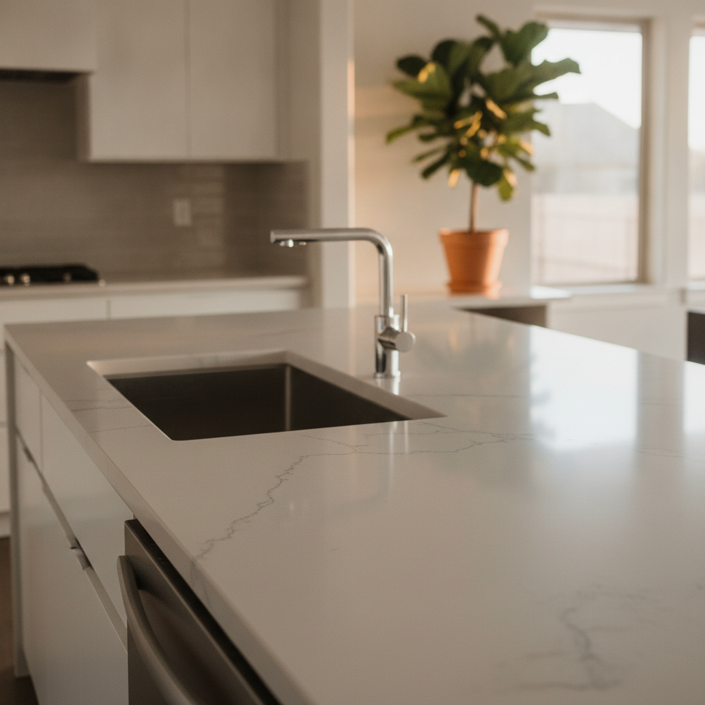 A wide-angle photorealistic shot of a freshly installed light gray quartz countertop with subtle veining in a modern Central Texas kitchen.