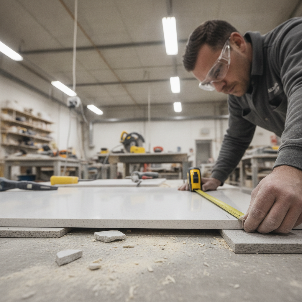 A stone fabricator measures a quartz slab edge in a well-lit workshop with tools and granite dust.