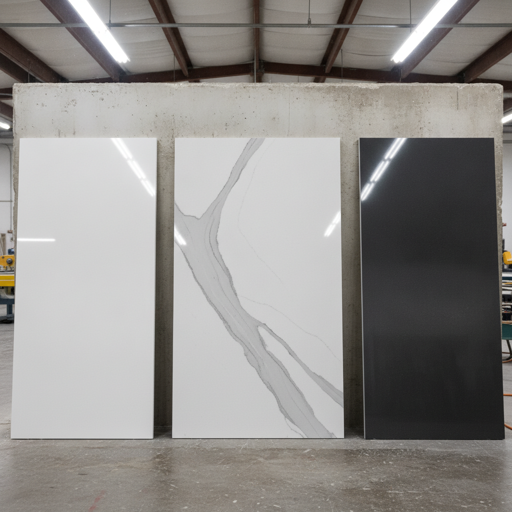 Three quartz slab samples—solid white, marble-look veined gray, and deep charcoal—in a fabricator's shop.